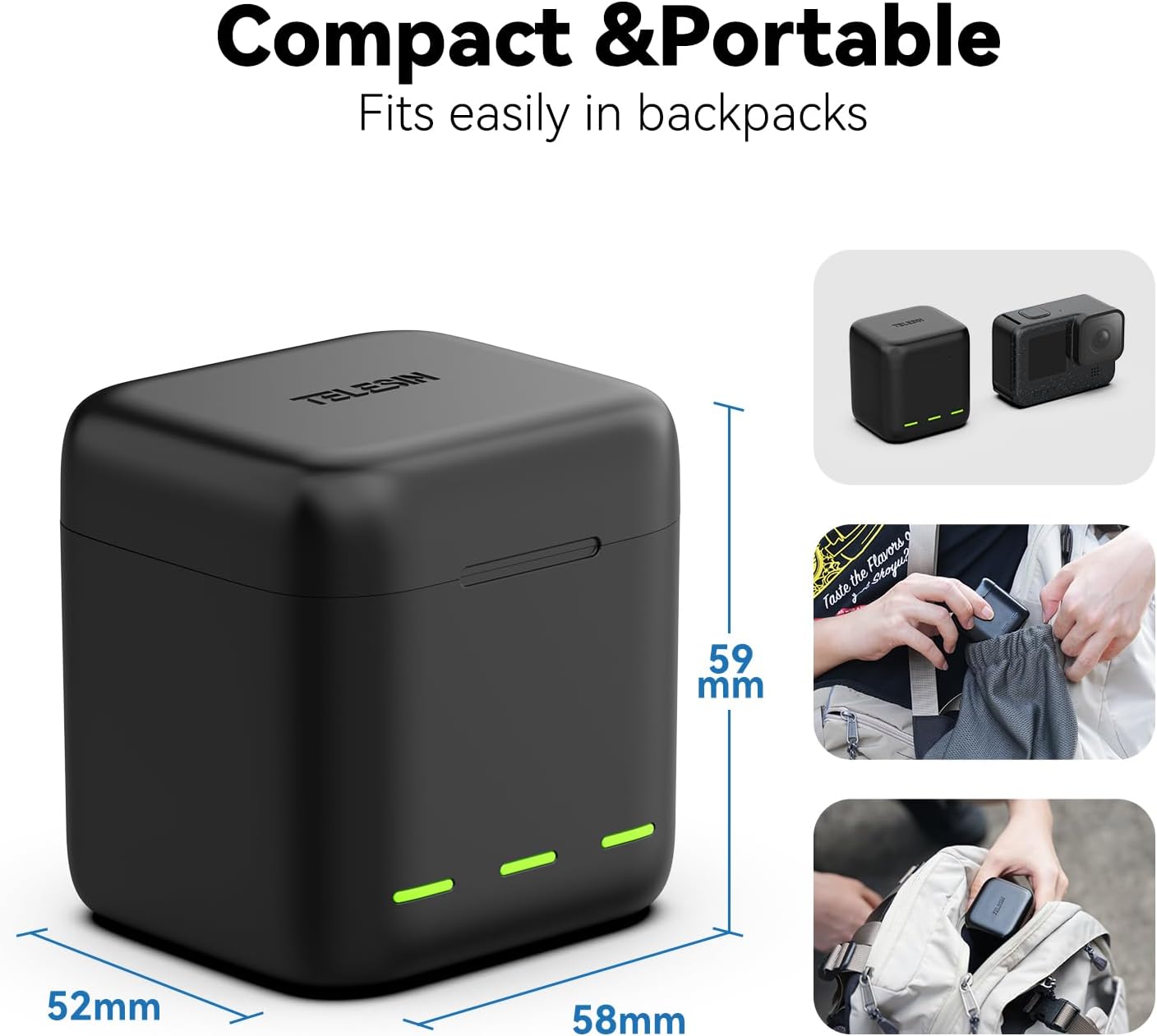 Kit Cargador TELESIN para GoPro Hero 12/11/10/9 – 2 Baterías + Estuche de Carga Triple con Cable USB-C