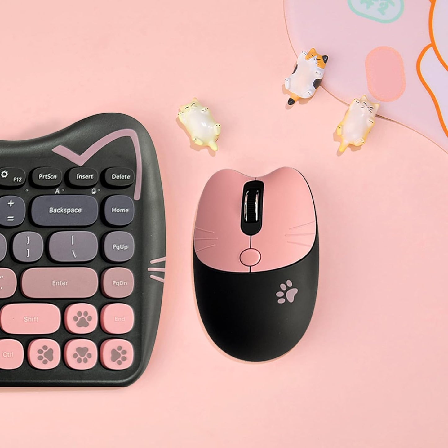 Teclado y mouse inalámbricos Gatito | Teclas silenciosas | 84 teclas | Color: Negro