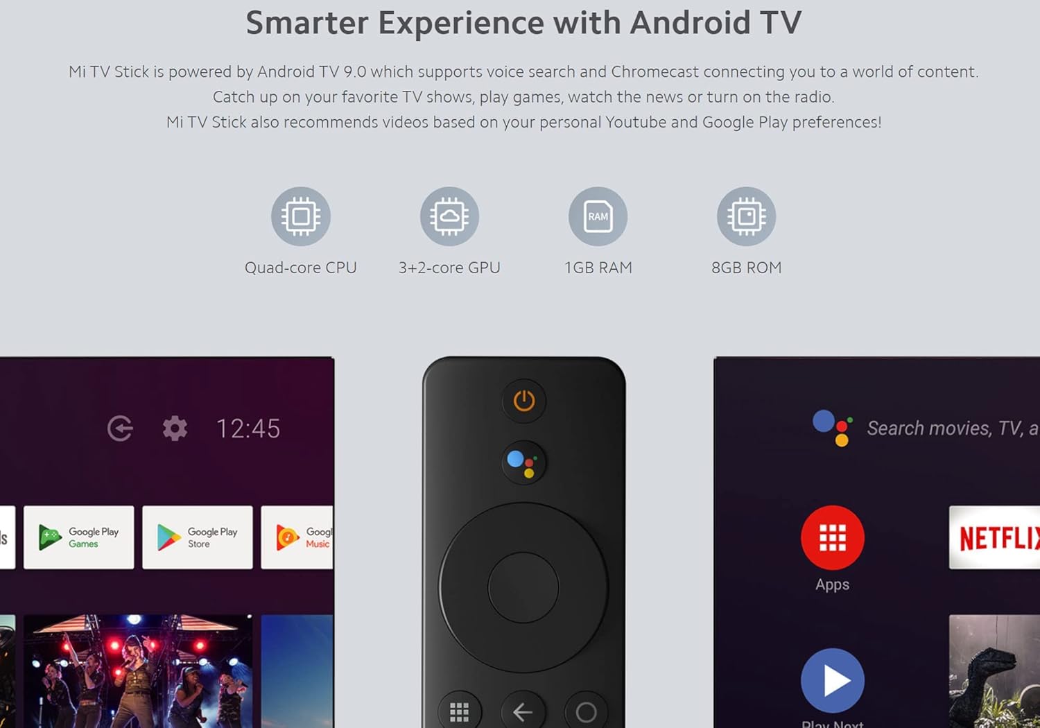 Mi TV Stick 1080P HDR – Android TV 9.0, 1GB RAM + 8GB ROM, Chromecast Integrado, Control por Voz, Streaming Portátil con Bluetooth Remote