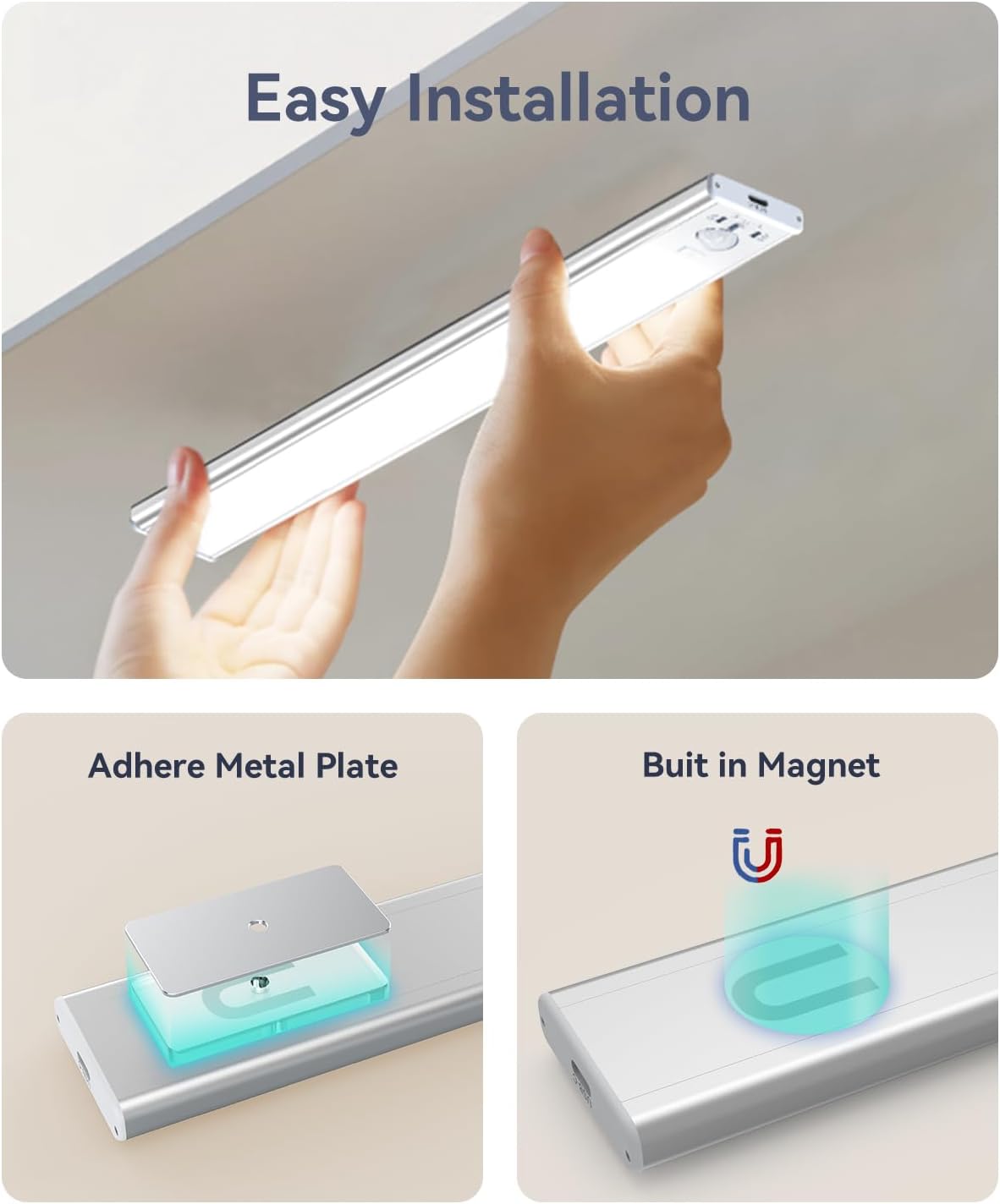 Luces Bajo Mueble Recargables con Sensor de Movimiento, Pack x2, 62 LEDs, 2200mAh USB-C, Magnéticas, Regulables, Inalámbricas para Cocina, Clóset, Pasillo