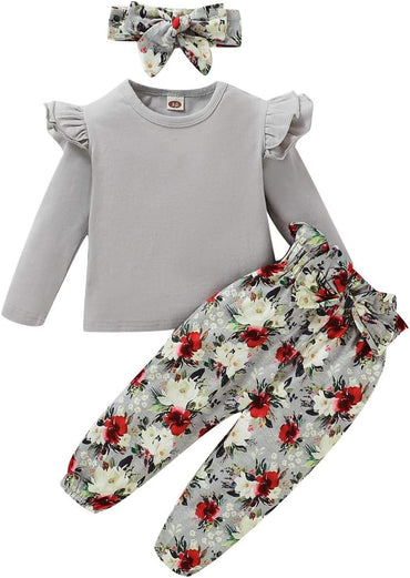 3 piezas de ropa para niña, color liso, manga larga, con volantes, pantalones florales y diadema, 1-6 años, conjunto de otoño/invierno