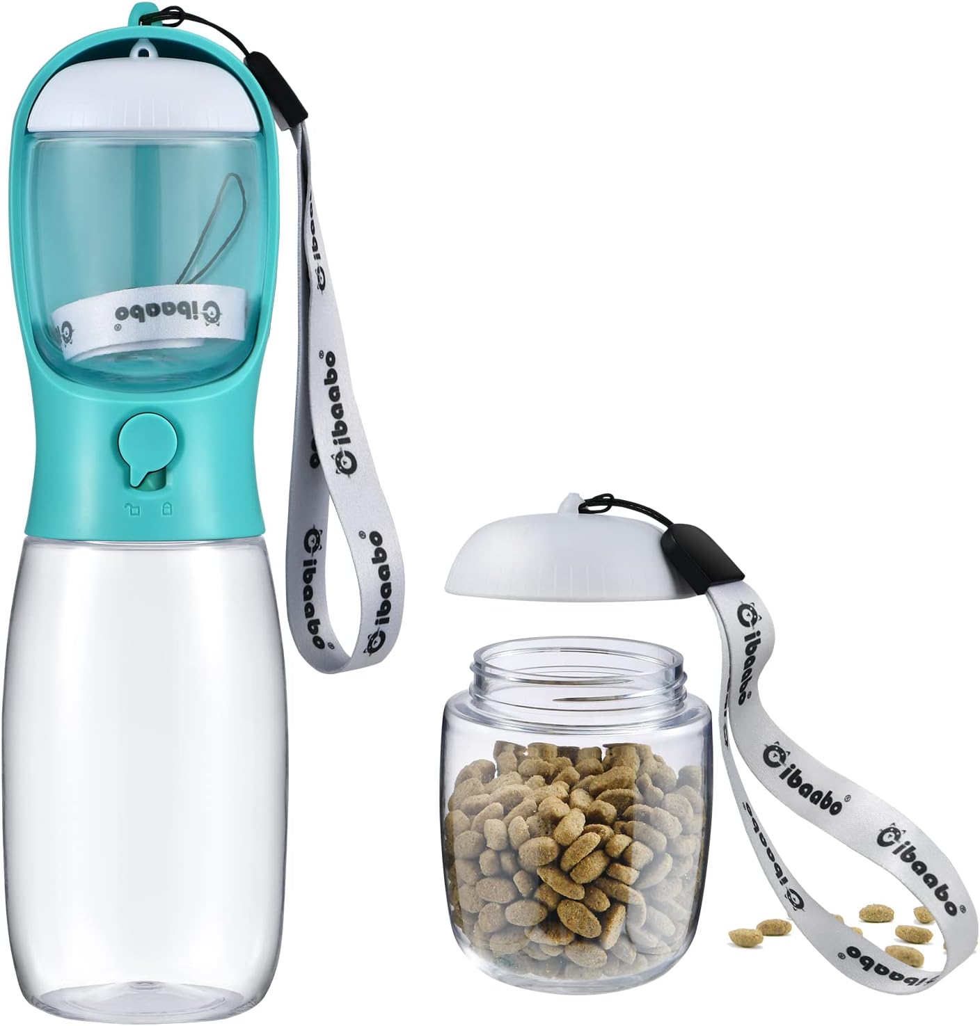 Botella de Agua para Perros con Contenedor de Alimento (2 en 1) | Portátil, Antifugas y con Filtro de Carbón – 10oz/300ml y 19oz/550ml | Accesorio de Viaje para Perros y Gatos