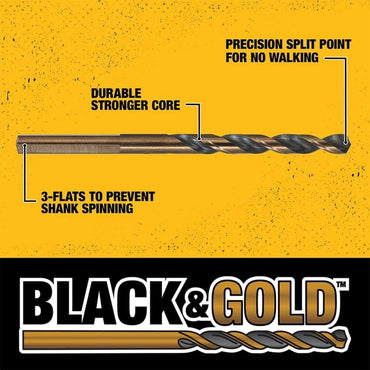 Juego de Brocas DEWALT 14 Piezas, Punta de 135°, Acero Rápido HSS, Revestimiento Negro y Dorado, Alta Durabilidad para Madera, Plástico y Metal (DWA1184)