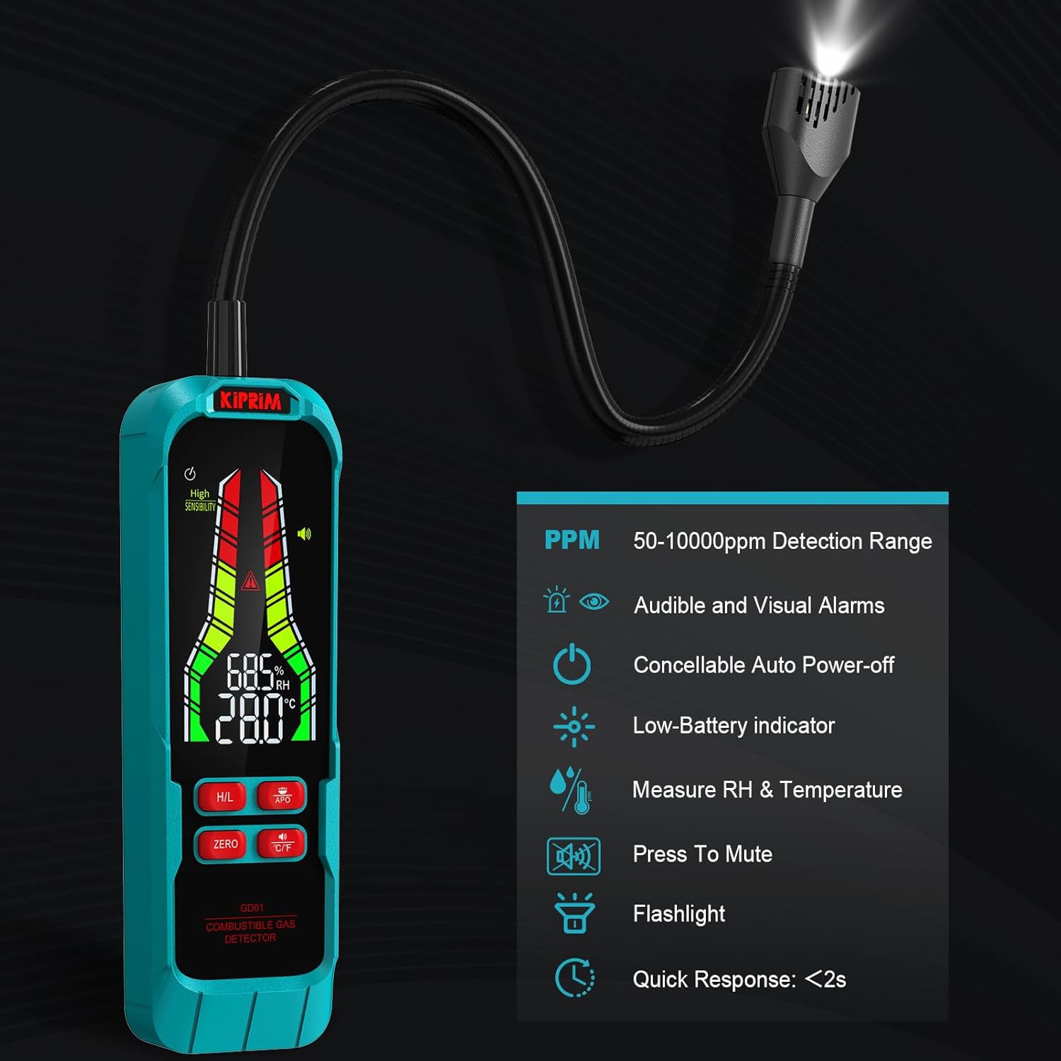 Detector de Fugas de Gas Kiprim GD01, Alta Sensibilidad con Sonda Flexible de 9,4", Alarma Visual y Sonora, Portátil para Propano, Metano y Gas Natural – Uso en Hogar y RV