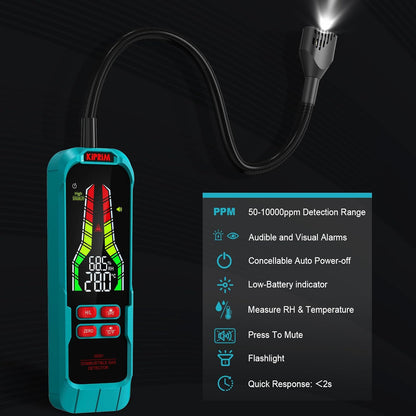 Detector de Fugas de Gas Kiprim GD01, Alta Sensibilidad con Sonda Flexible de 9,4", Alarma Visual y Sonora, Portátil para Propano, Metano y Gas Natural – Uso en Hogar y RV
