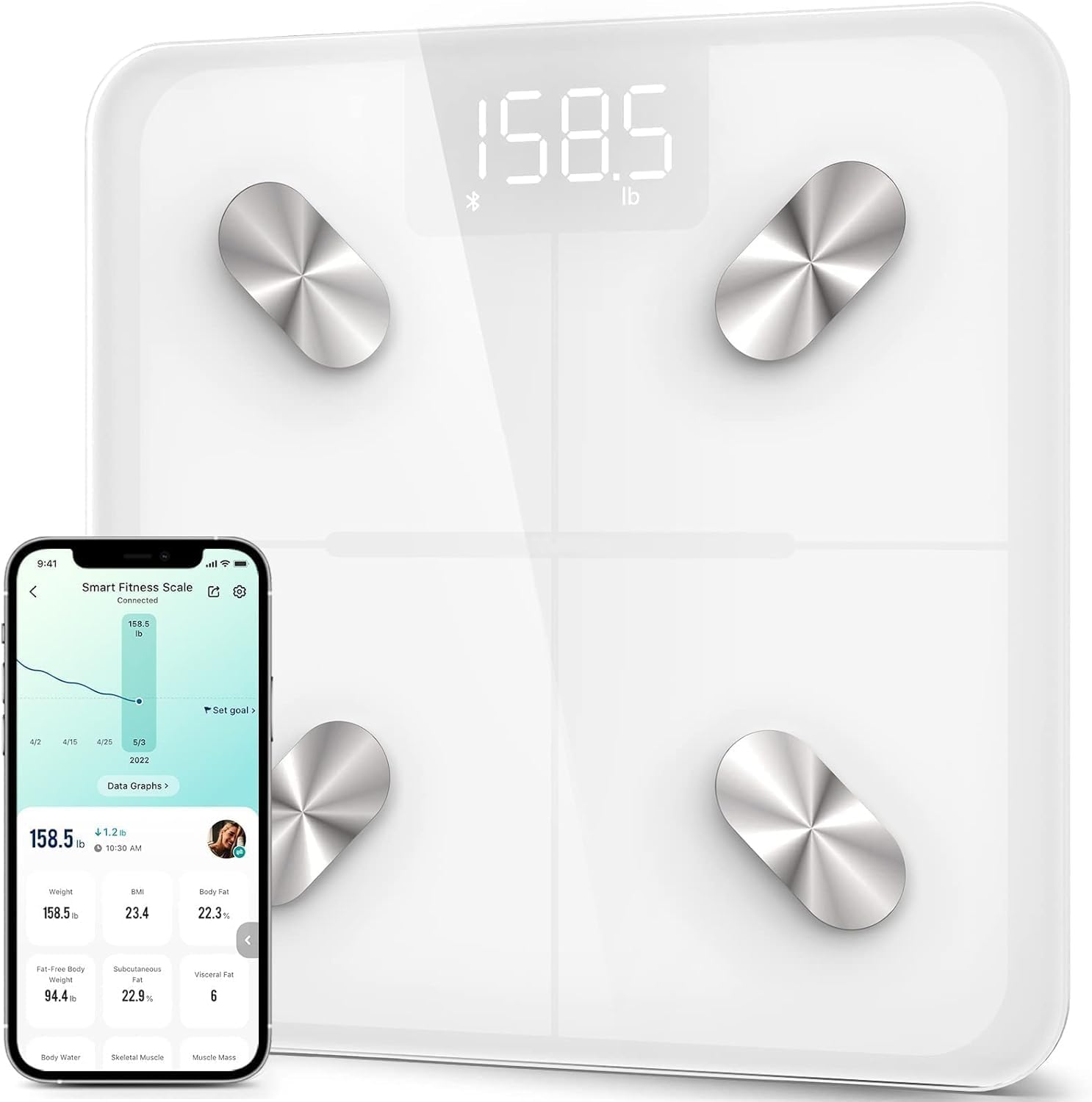 Báscula Inteligente Digital con Bluetooth – Balanza de Baño con BMI, Grasa Corporal, Masa Muscular y 13 Métricas – Compatible con Apple Health, FitBit, Google Fit y Samsung Health – Capacidad 180kg / 400lb