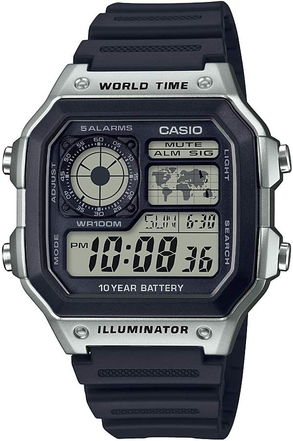 AE1200WH Series | Men’S Digital Watch | 100M WR | Multi Alarms | 100 SEC Stopwatch | Countdown Timer | World Map for World Time | LED Light | LC Analog Display | 10 Year Battery