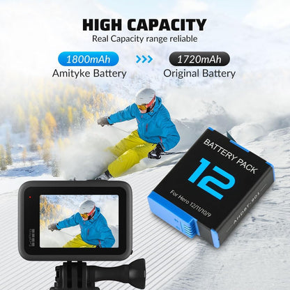 Pack de 2 Baterías 1800 mAh para GoPro Hero 12/11/10/9 + Cargador Rápido USB-C de 3 Ranuras con Estuche Protector