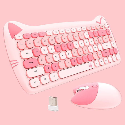 Teclado y mouse inalámbricos Gatito | Teclas silenciosas | 84 teclas | Color: Rosa