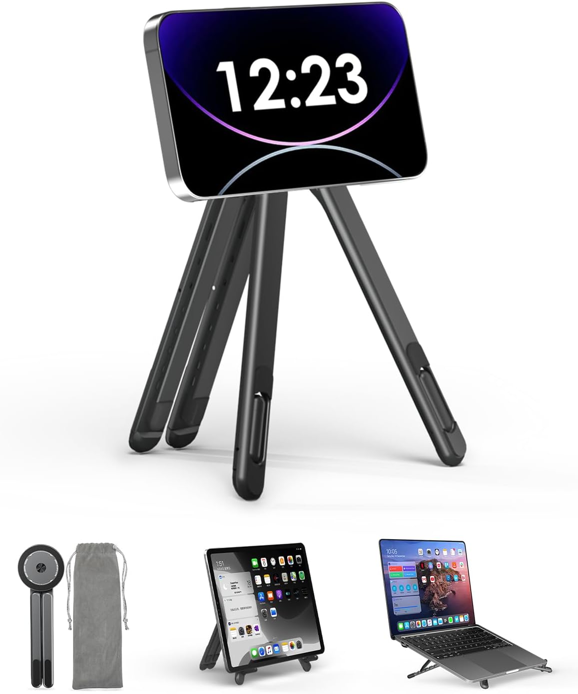 Trípode magnético para teléfono | Soporte multifuncional 3 en 1 para iPhone, iPad, laptop | Altura de 8 niveles y ángulo ajustable | Soporte portátil para laptop | Aleación de aluminio