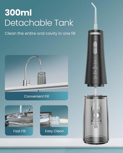 Onlyone Irrigador Dental Portátil – 300ML Limpiador Bucal Recargable, 4 Modos & 5 Boquillas, Flosser Eléctrico para Dientes, Resistente al Agua IPX7, Uso en Casa y Viaje (Negro)