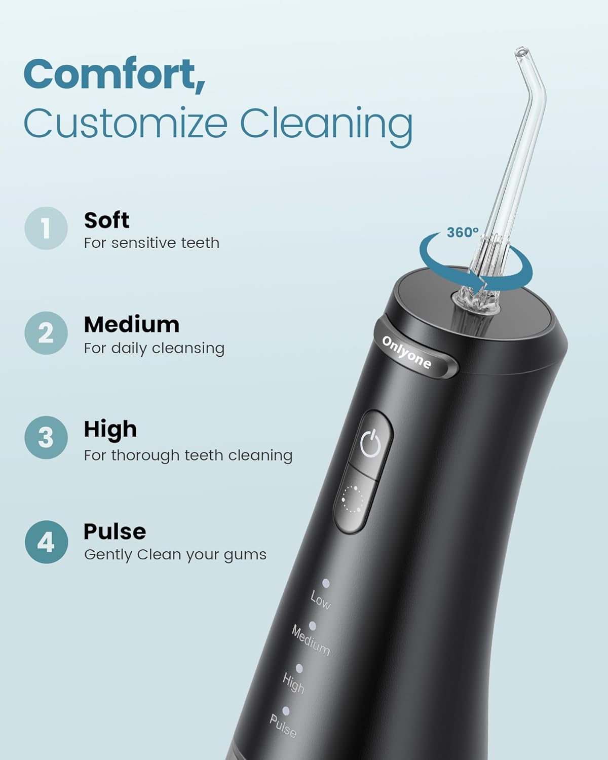 Onlyone Irrigador Dental Portátil – 300ML Limpiador Bucal Recargable, 4 Modos & 5 Boquillas, Flosser Eléctrico para Dientes, Resistente al Agua IPX7, Uso en Casa y Viaje (Negro)