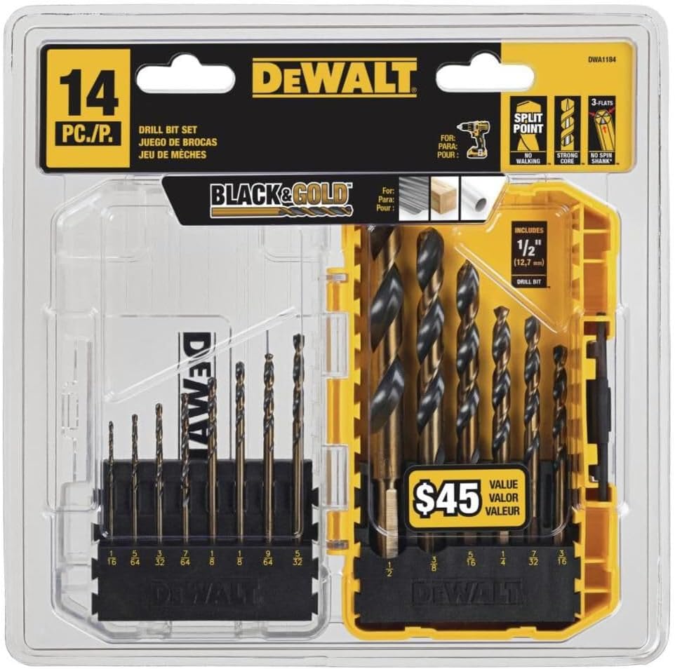 Juego de Brocas DEWALT 14 Piezas, Punta de 135°, Acero Rápido HSS, Revestimiento Negro y Dorado, Alta Durabilidad para Madera, Plástico y Metal (DWA1184)