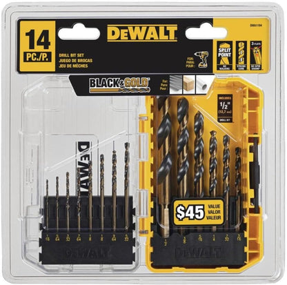 Juego de Brocas DEWALT 14 Piezas, Punta de 135°, Acero Rápido HSS, Revestimiento Negro y Dorado, Alta Durabilidad para Madera, Plástico y Metal (DWA1184)