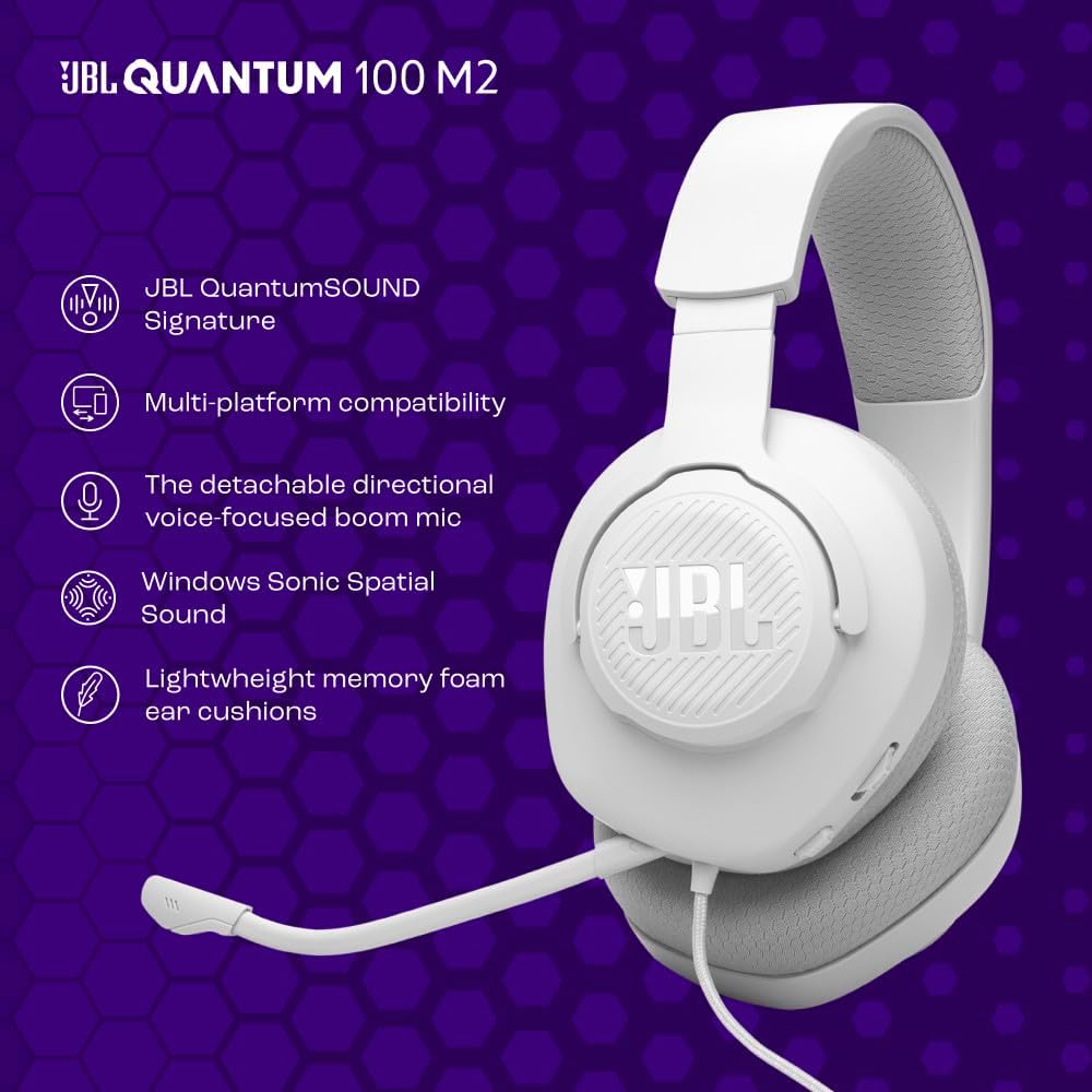 JBL Quantum 100 M2 (Blanco) – Audífonos gamer con cable y micrófono desmontable