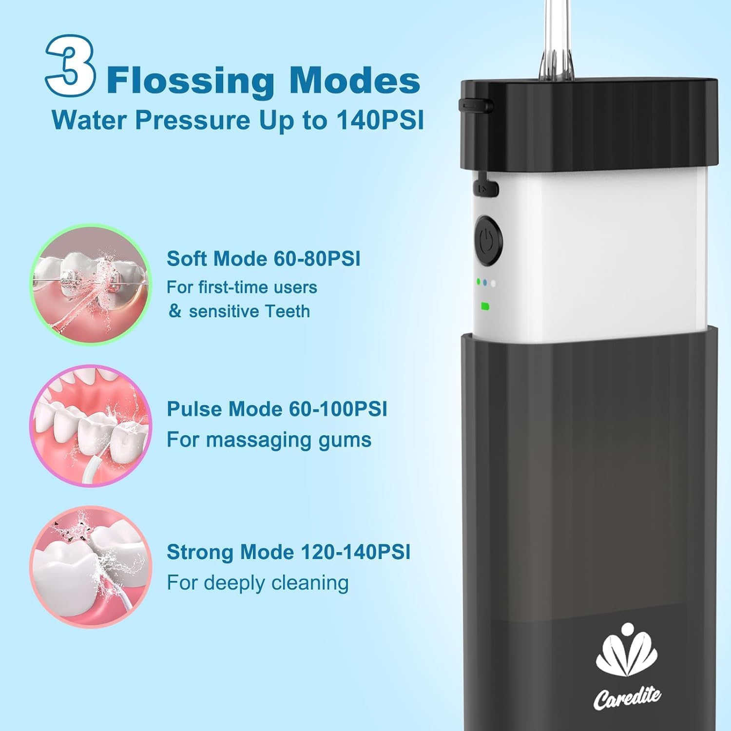 Irrigador Dental Portátil Caredite – Mini Water Flosser Recargable con Tanque Extensible, 3 Modos, 4 Boquillas, USB-C, IPX7 Resistente al Agua – Ideal para Viajes, Brackets y Encías Sensibles (Negro)
