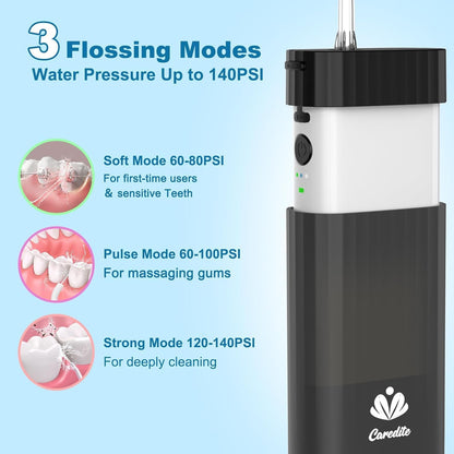 Irrigador Dental Portátil Caredite – Mini Water Flosser Recargable con Tanque Extensible, 3 Modos, 4 Boquillas, USB-C, IPX7 Resistente al Agua – Ideal para Viajes, Brackets y Encías Sensibles (Negro)