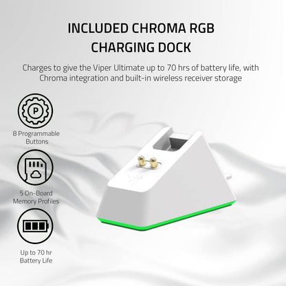 Razer Viper Ultimate – Mouse Gamer Inalámbrico Ultraliviano con Base de Carga RGB, Mercury White