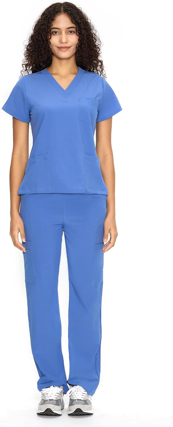 Set Uniforme Médico | Camiseta con Cuello en V y Pantalones de Pierna Recta con Bolsillos | Ropa de Trabajo Unisex | Color: Azul Ceil