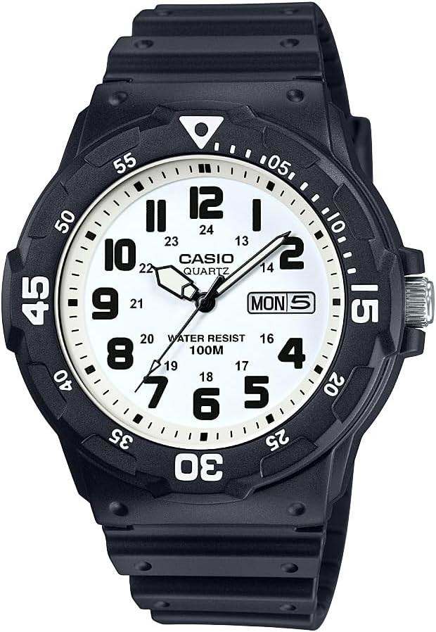 MRW200H Series | Unisex Analog Watch | 100M WR | Stainless Steel Case | Resin Band | 2 Hand Analog (HR, Min, SEC) | Date Display | Screw down Crown/Screw down Caseback | 3 Year Battery