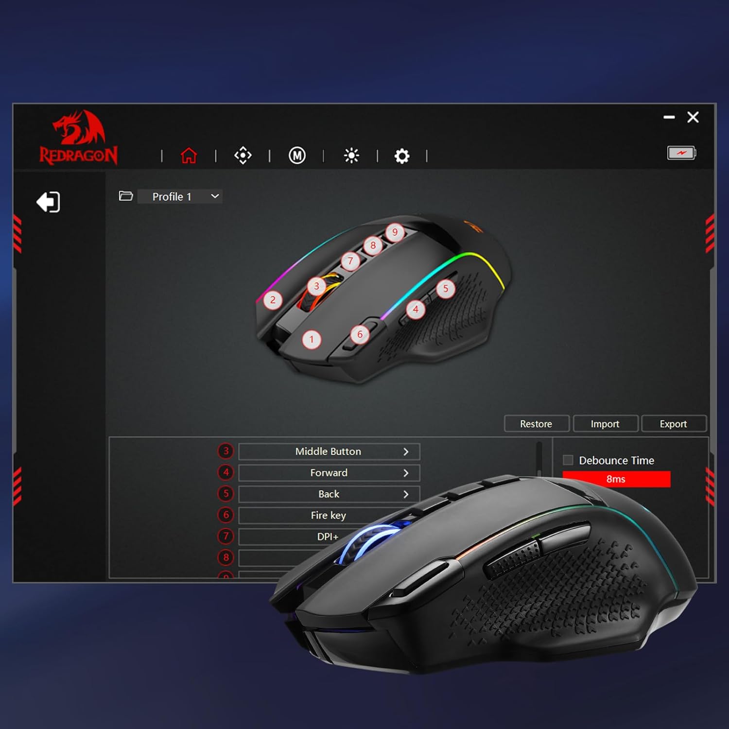 Redragon M991 – Mouse Gaming Inalámbrico, 26,000 DPI, 3 Modos de Conexión, 9 Botones Macro, Rapid Fire, RGB