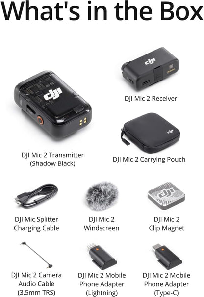 DJI Mic 2 (1 TX + 1 RX) Micrófono Inalámbrico con Cancelación Inteligente de Ruido y Grabación Interna 32-bit