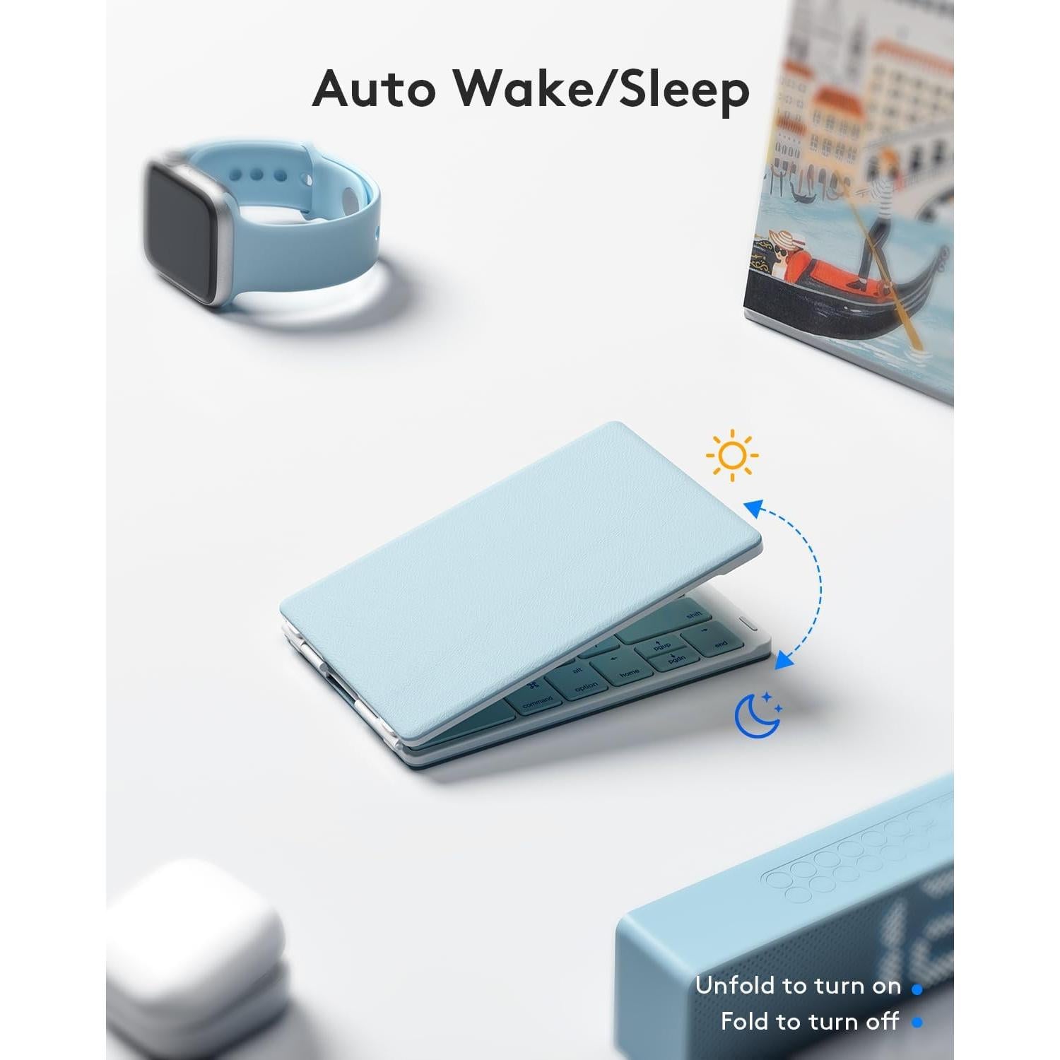 Teclado plegable Bluetooth | Tamaño completo | Ultra delgado Recargable | Conecta iOS, Android, Windows, teléfono | Color: Celeste