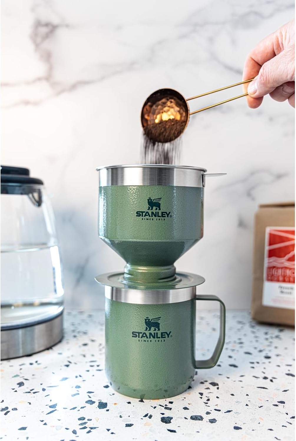 Perfect Brew Pour over Set | 12 Oz Camp Mug with Lid Included | Drip Coffee Maker with Reusable Filter | Insulated Stainless Steel | Bpa-Free | Hammertone Silver