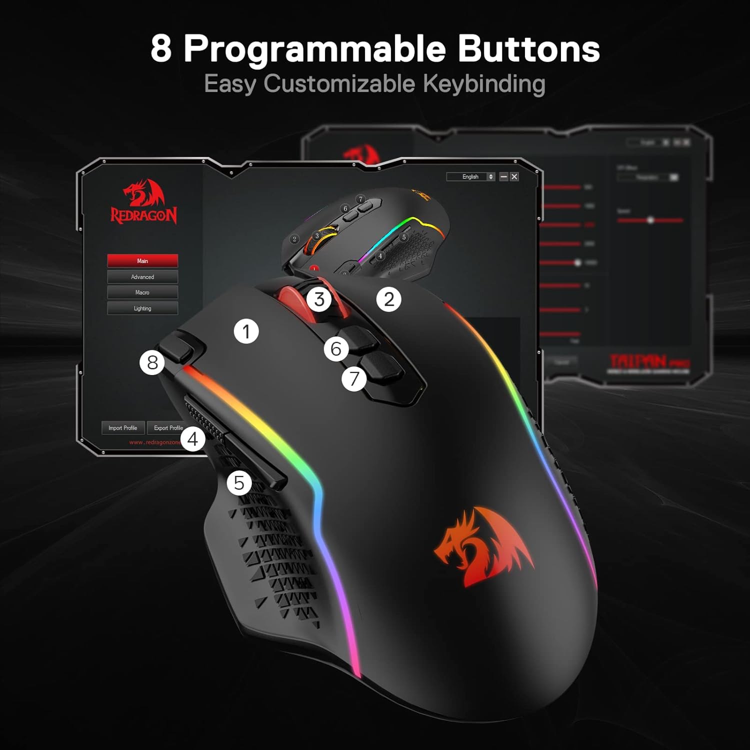Redragon M810 Pro – Mouse Gaming Inalámbrico y Con Cable, 10,000 DPI, 8 Botones Macro, Rapid Fire, RGB