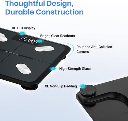 Báscula Inteligente Digital con Bluetooth – Balanza de Baño con BMI, Grasa Corporal, Masa Muscular y 13 Métricas – Compatible con Apple Health, FitBit, Google Fit y Samsung Health – Capacidad 180kg / 400lb