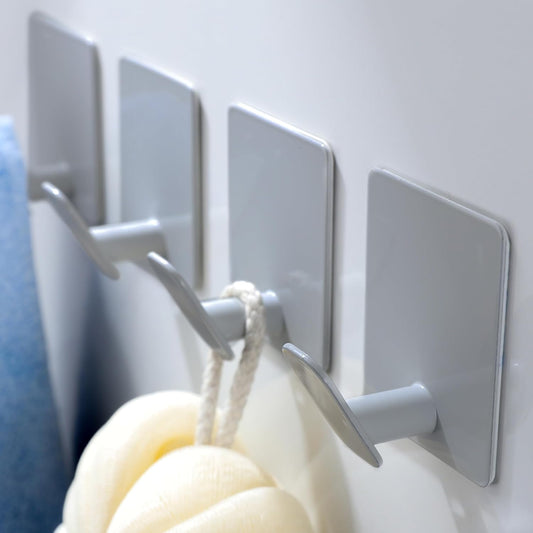 Ganchos adhesivos | Paquete de 4 ganchos de pared para toallas/abrigos | Para baño o cocina | Color: Gris