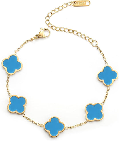 Pulsera Trébol de la Suerte para Mujer | Baño de Oro 18K con Flor Cuatro Hojas Blanco/Negro/Rojo/Verde | Joyería Elegante y Moderna