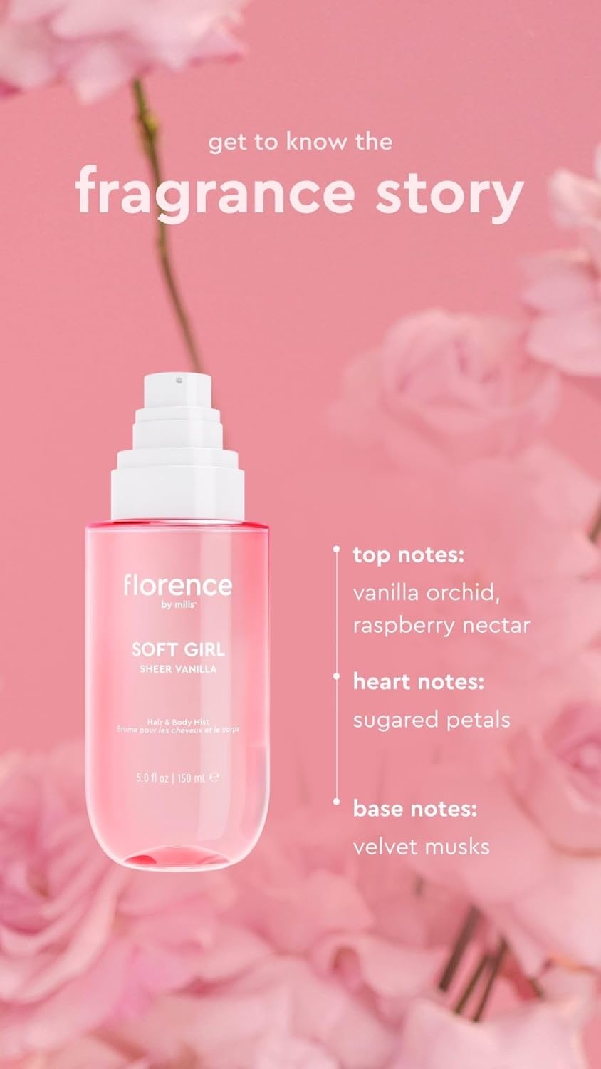 Florence by Mills Soft Girl Sheer Vanilla Hair & Body Mist | Body Splash Dulce & Ligero con Aroma a Vainilla – Spray para Cuerpo, Cabello y Ropa