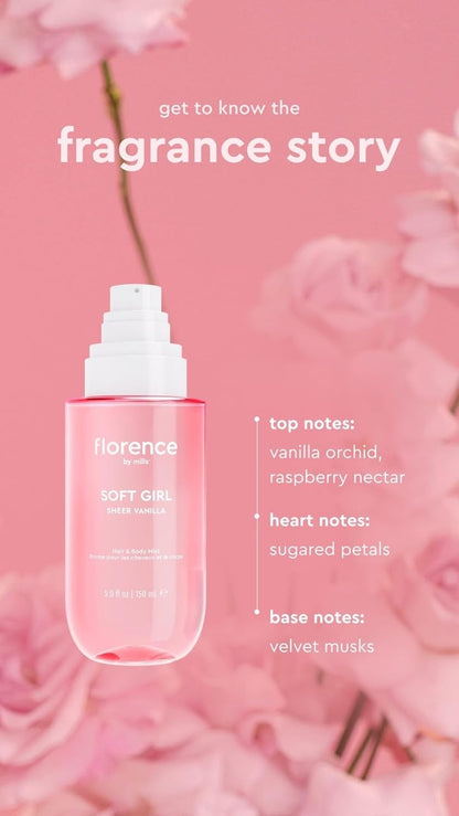 Florence by Mills Soft Girl Sheer Vanilla Hair & Body Mist | Body Splash Dulce & Ligero con Aroma a Vainilla – Spray para Cuerpo, Cabello y Ropa