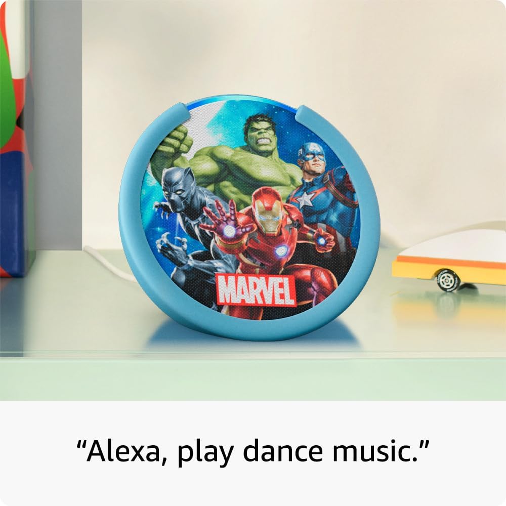 Echo Pop Kids (Modelo más reciente) – Altavoz inteligente para niños con Alexa, fundas Disney Princess y Marvel’s Avengers, control parental, 6 meses de Amazon Kids+