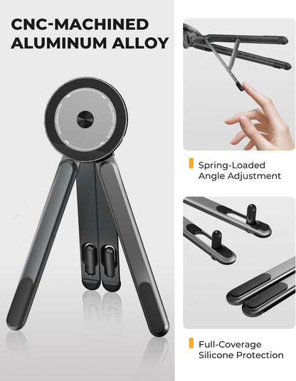 Trípode magnético para teléfono | Soporte multifuncional 3 en 1 para iPhone, iPad, laptop | Altura de 8 niveles y ángulo ajustable | Soporte portátil para laptop | Aleación de aluminio