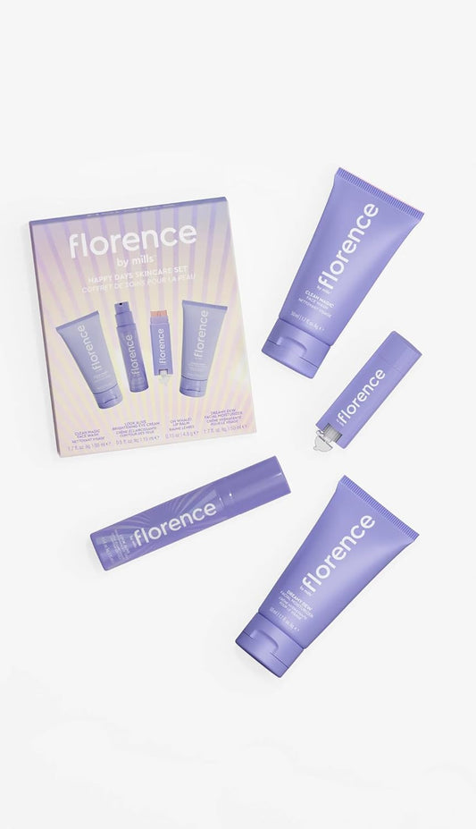 Florence by Mills Happy Days Skincare Set  | Set de Cuidado Facial con Limpiador, Hidratante, Contorno de Ojos y Bálsamo Labial – 4 Piezas