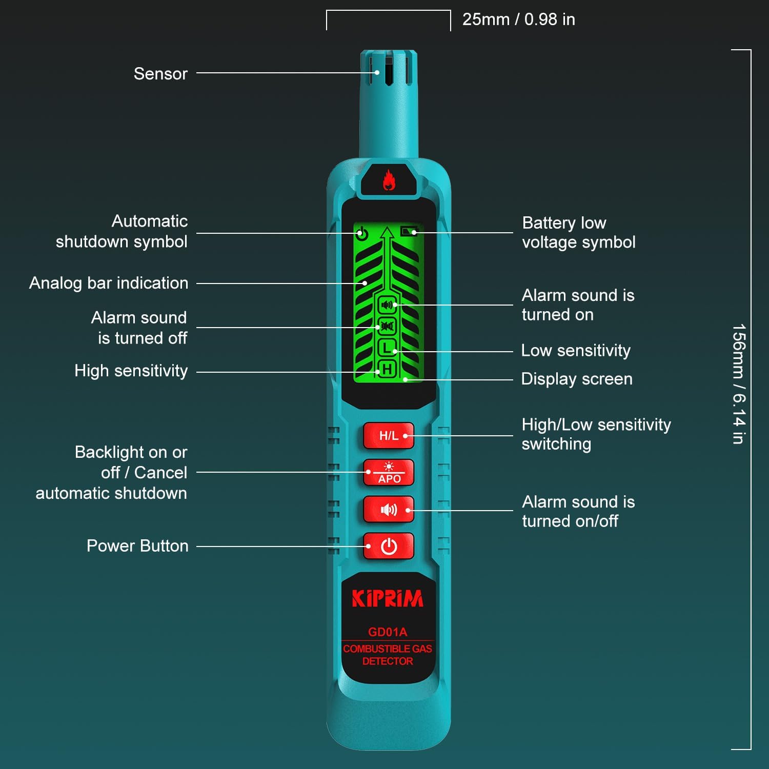 Detector de Fugas de Gas Natural Kiprim GD01A Portátil, Alarma Visual y Sonora, Sensibilidad Alta/Baja, Incluye Pilas – Para Propano, Metano y Gases Combustibles