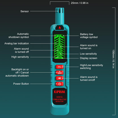 Detector de Fugas de Gas Natural Kiprim GD01A Portátil, Alarma Visual y Sonora, Sensibilidad Alta/Baja, Incluye Pilas – Para Propano, Metano y Gases Combustibles