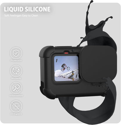 Kit de Funda de Silicona para GoPro Hero 12/11/10/9 Black + Protectores de Pantalla y Lente + Puerta Lateral con Acceso de Carga (Color: Negro)