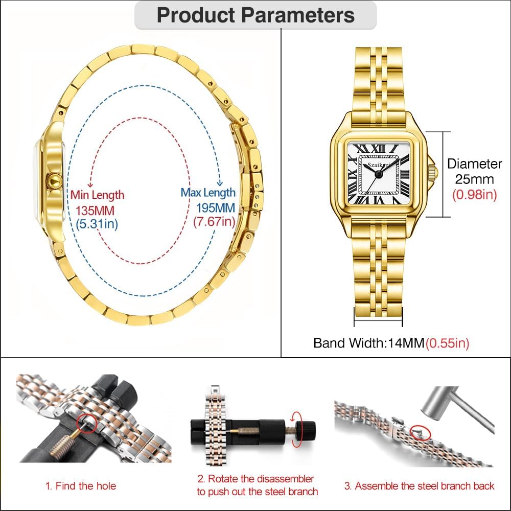 Reloj para Mujer Cuadrado 25 mm | Números Romanos | Movimiento Japonés | Correa de Acero o Cuero | Resistente al Agua (uso diario)