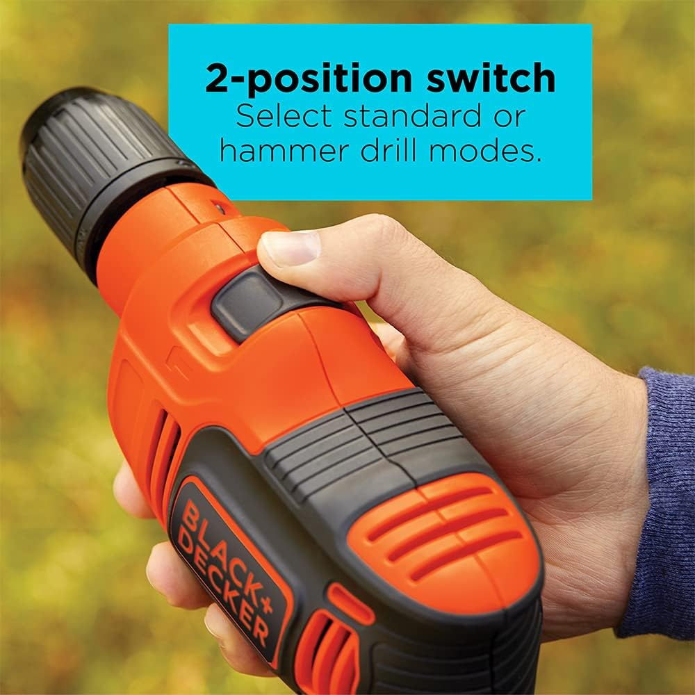 BLACK+DECKER Taladro Percutor, 6.5 Amperios, 1/2 Pulgada (BEHD201), Con Cable, 48.000 Golpes Por Minuto, Función 2 en 1