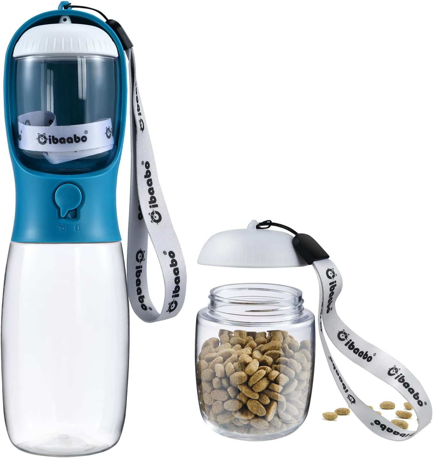 Botella de Agua para Perros con Contenedor de Alimento (2 en 1) | Portátil, Antifugas y con Filtro de Carbón – 10oz/300ml y 19oz/550ml | Accesorio de Viaje para Perros y Gatos