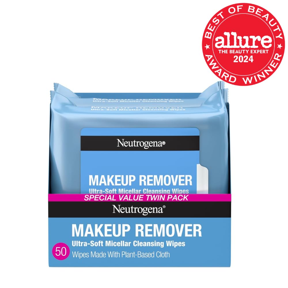 Neutrogena - Toallitas faciales desmaquillantes, ultrasuaves para maquillaje resistente al agua, sin alcohol, a base de plantas, paquete doble, 25 unidades, paquete de 2
