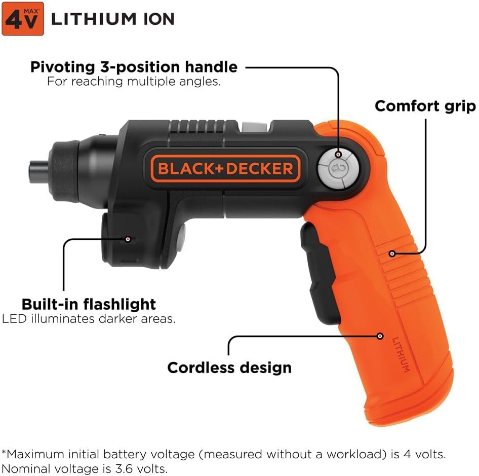 BLACK+DECKER Destornillador Inalámbrico 4V MAX con Linterna LED, Mango Pivotante y Batería Recargable (BDCSFL20C)