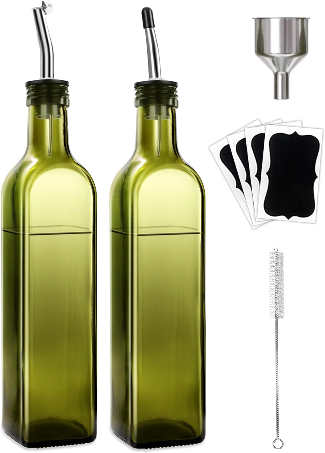 Set de 2 Botellas de Vidrio para Aceite y Vinagre (500ml) con Vertedores de Acero Inoxidable, Embudo, Cepillo y Etiquetas – Dispensador Antigoteo para Cocina