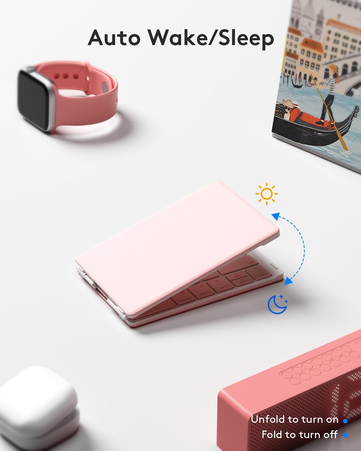 Teclado plegable Bluetooth | Tamaño completo | Ultra delgado Recargable | Conecta iOS, Android, Windows, teléfono | Color: Rosa