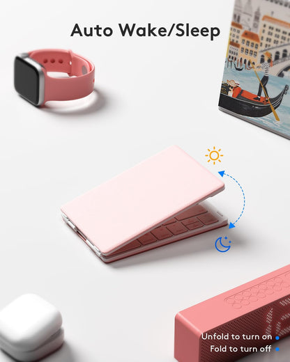 Teclado plegable Bluetooth | Tamaño completo | Ultra delgado Recargable | Conecta iOS, Android, Windows, teléfono | Color: Rosa