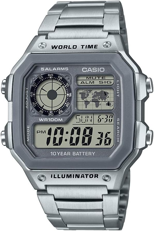AE1200WH Series | Men’S Digital Watch | 100M WR | Multi Alarms | 100 SEC Stopwatch | Countdown Timer | World Map for World Time | LED Light | LC Analog Display | 10 Year Battery