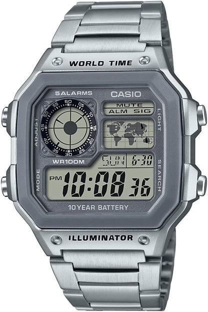 AE1200WH Series | Men’S Digital Watch | 100M WR | Multi Alarms | 100 SEC Stopwatch | Countdown Timer | World Map for World Time | LED Light | LC Analog Display | 10 Year Battery